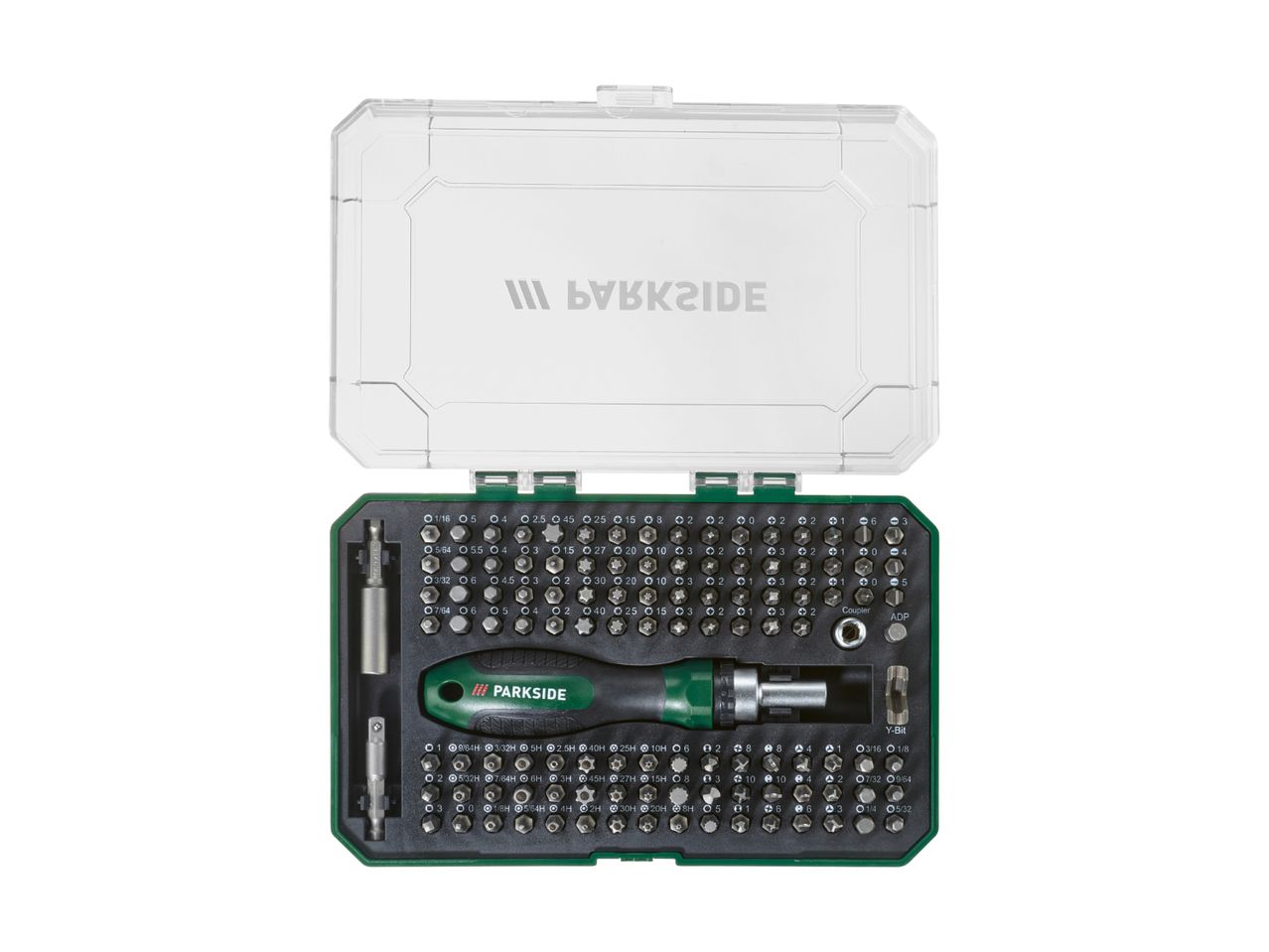 Screwdriver bit set with a variety of bits and a green and black handle, in a clear case.