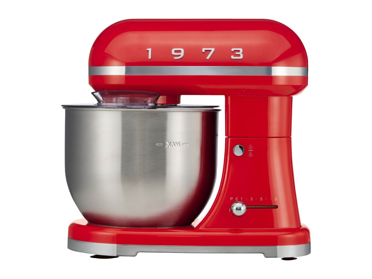 Red retro-style stand mixer with a stainless steel bowl and 1973 lettering