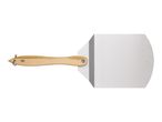 Pizza peel with a light wooden handle and a silver metal blade