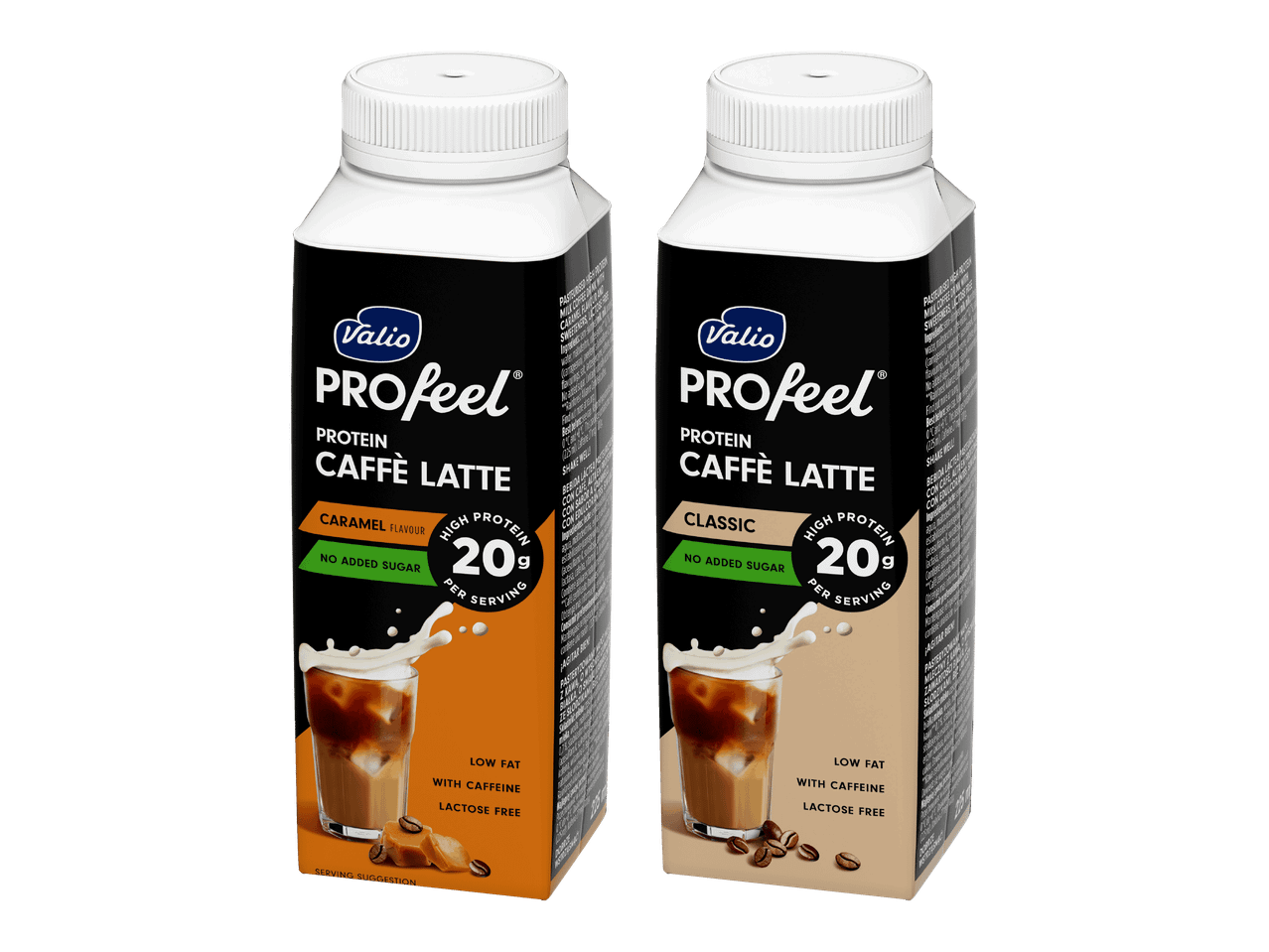 Kaksi proteiinikahvijuomaa, makuina karamelli ja klassinen caffe latte.