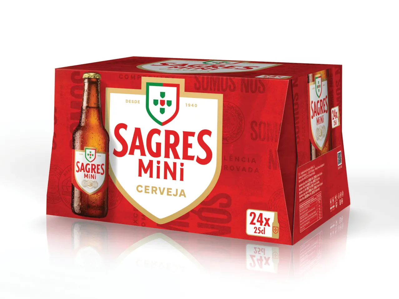 Caixa de 24 garrafas de cerveja Sagres Mini de 25cl.