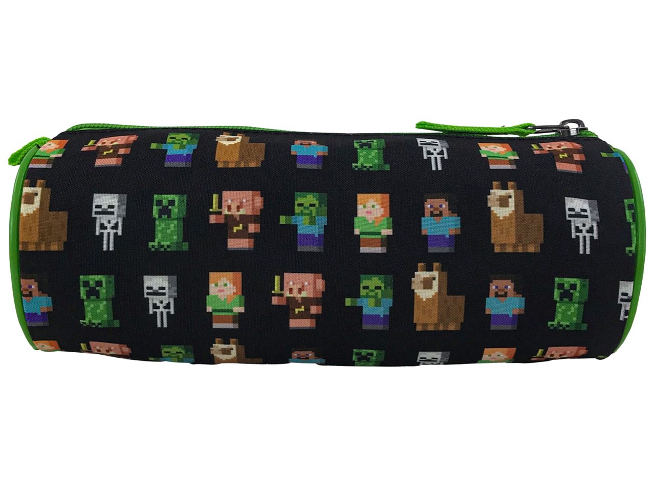 Черен несесер с шарка на герои от Minecraft, включително Стив, Алекс, крийпъри и лами.