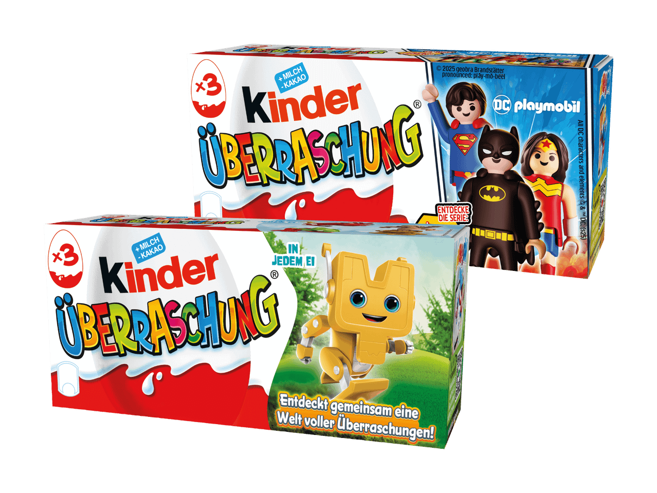 Zwei Packungen Überraschungseier mit Spielzeugfiguren, darunter DC-Charaktere und ein Roboter.
