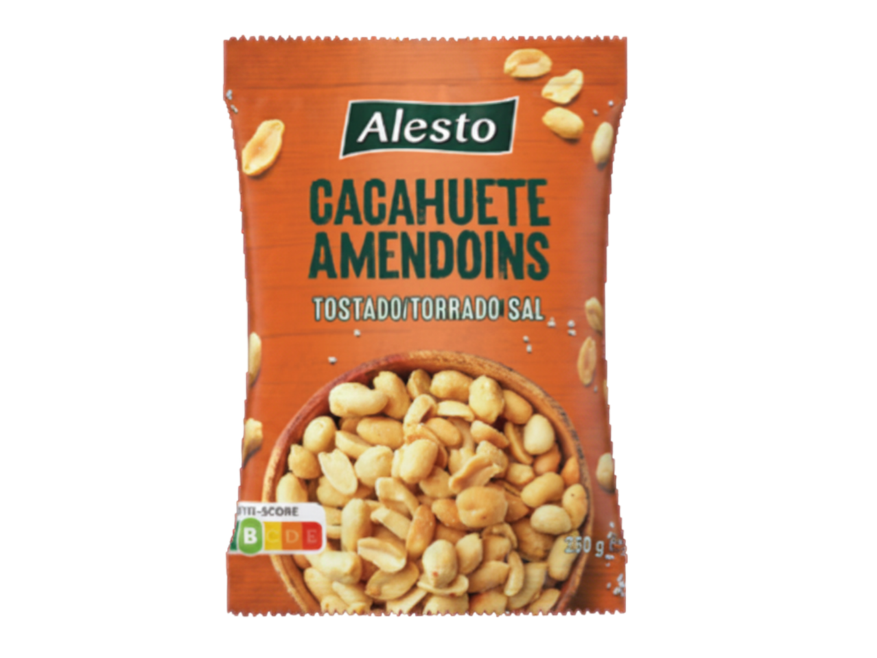 Saco de amendoins torrados e salgados com uma tigela de amendoins.