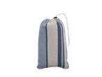Blue and cream striped fabric drawstring bag.