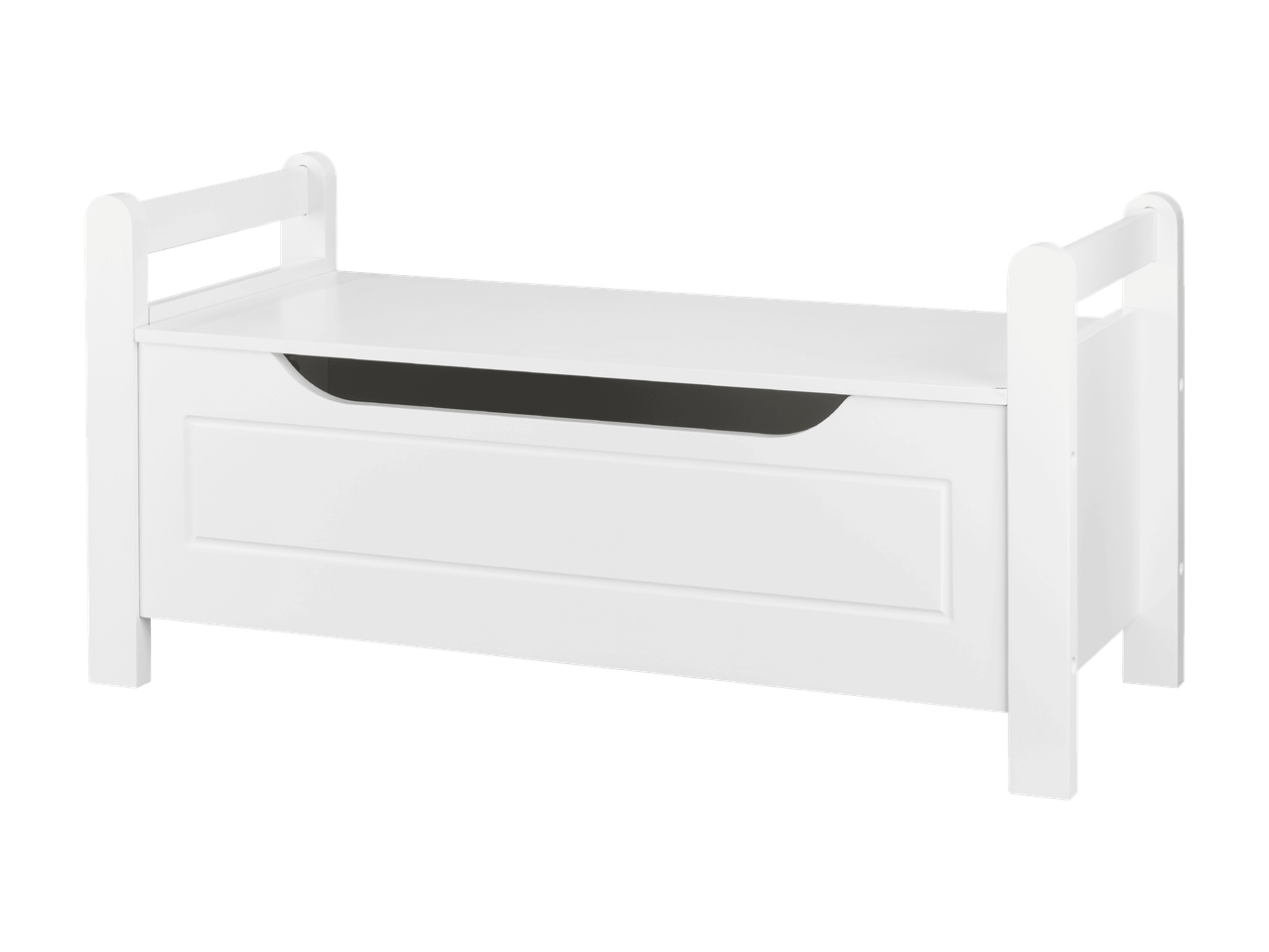 Valkoinen puinen lelulaatikko, jossa on selkänoja ja etupaneelissa syvennys.