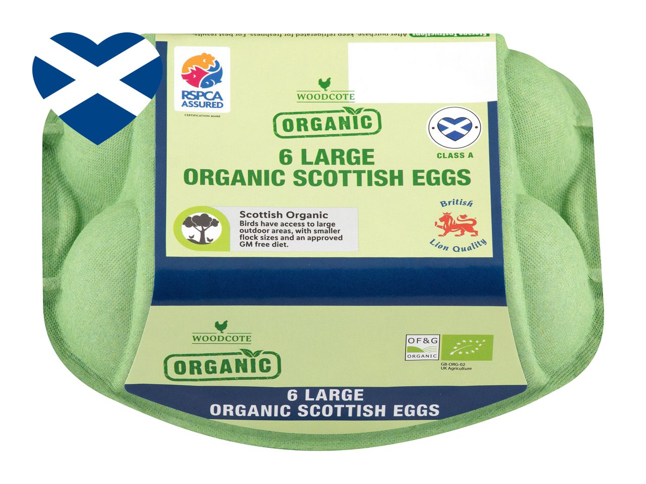 6 large Woodcote organic Scottish eggs, RSPCA assured.