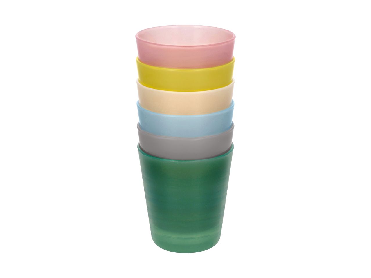 Stack of colorful plastic cups in pink, yellow, beige, blue, grey, and green.