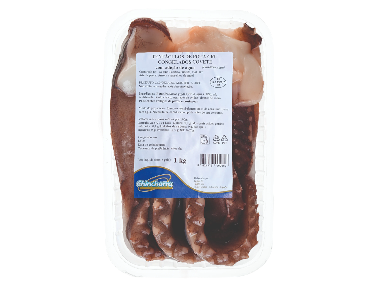 Tentáculos de pota crua congelados com adição de água, 1 kg.