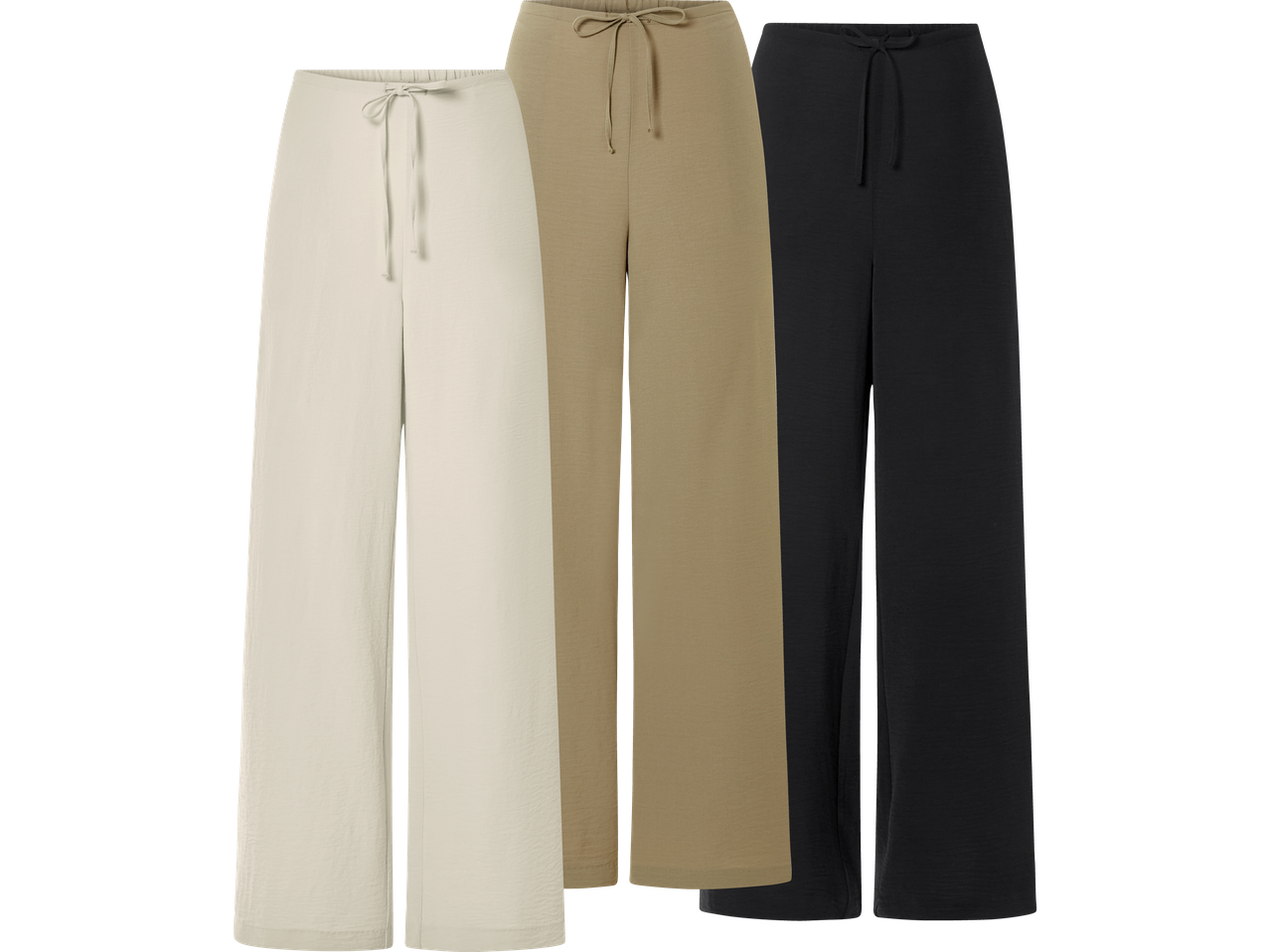 Tre par vida, bekväma byxor i beige, sand och svart.