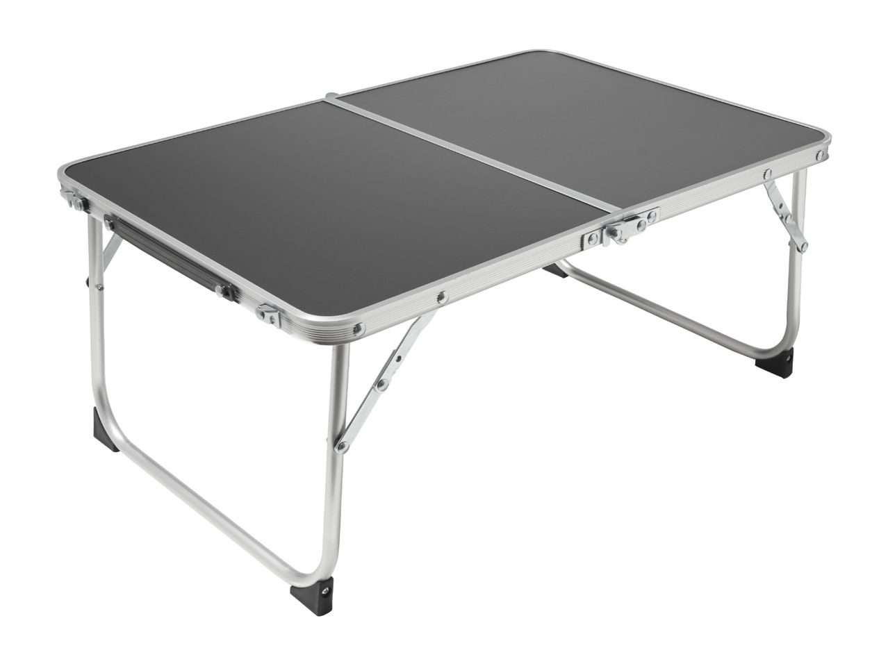 Foldable camping table with a dark grey top and silver aluminum frame, on a white background.
