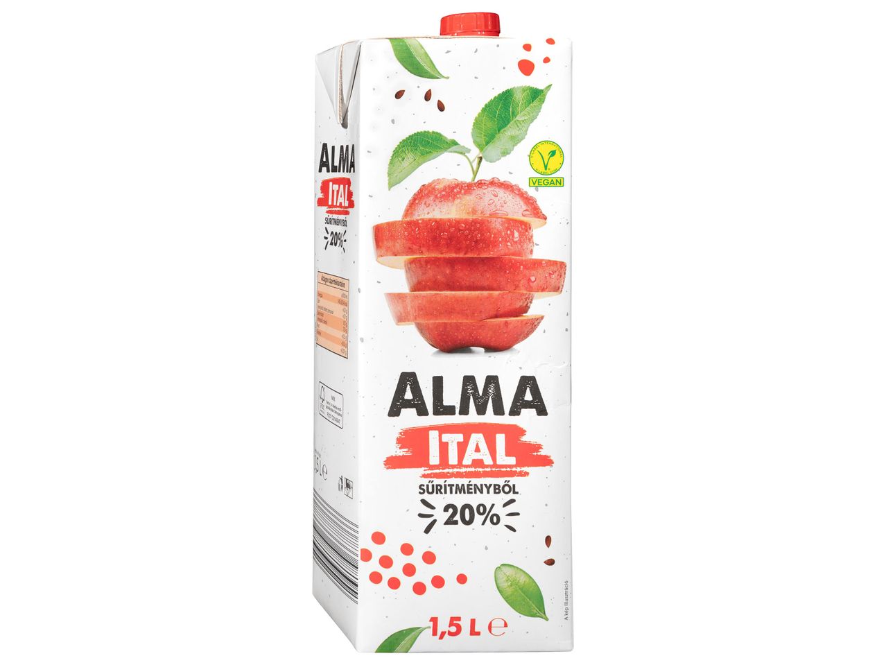 Alma ital 20% gyümölcstartalommal, 1,5 literes kiszerelésben, vegán minősítéssel.