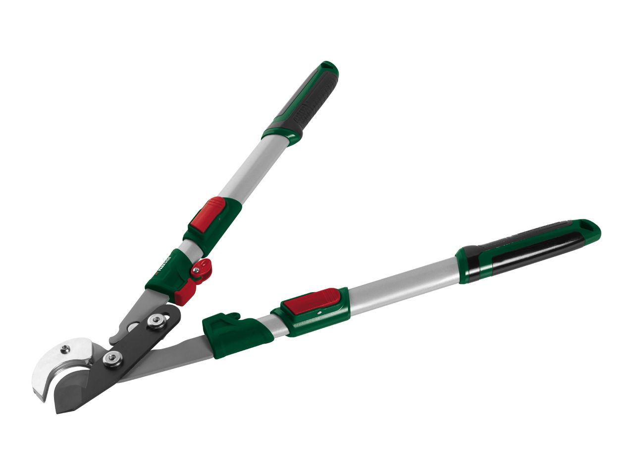 Green and silver telescopic loppers with red accents for gardening.
