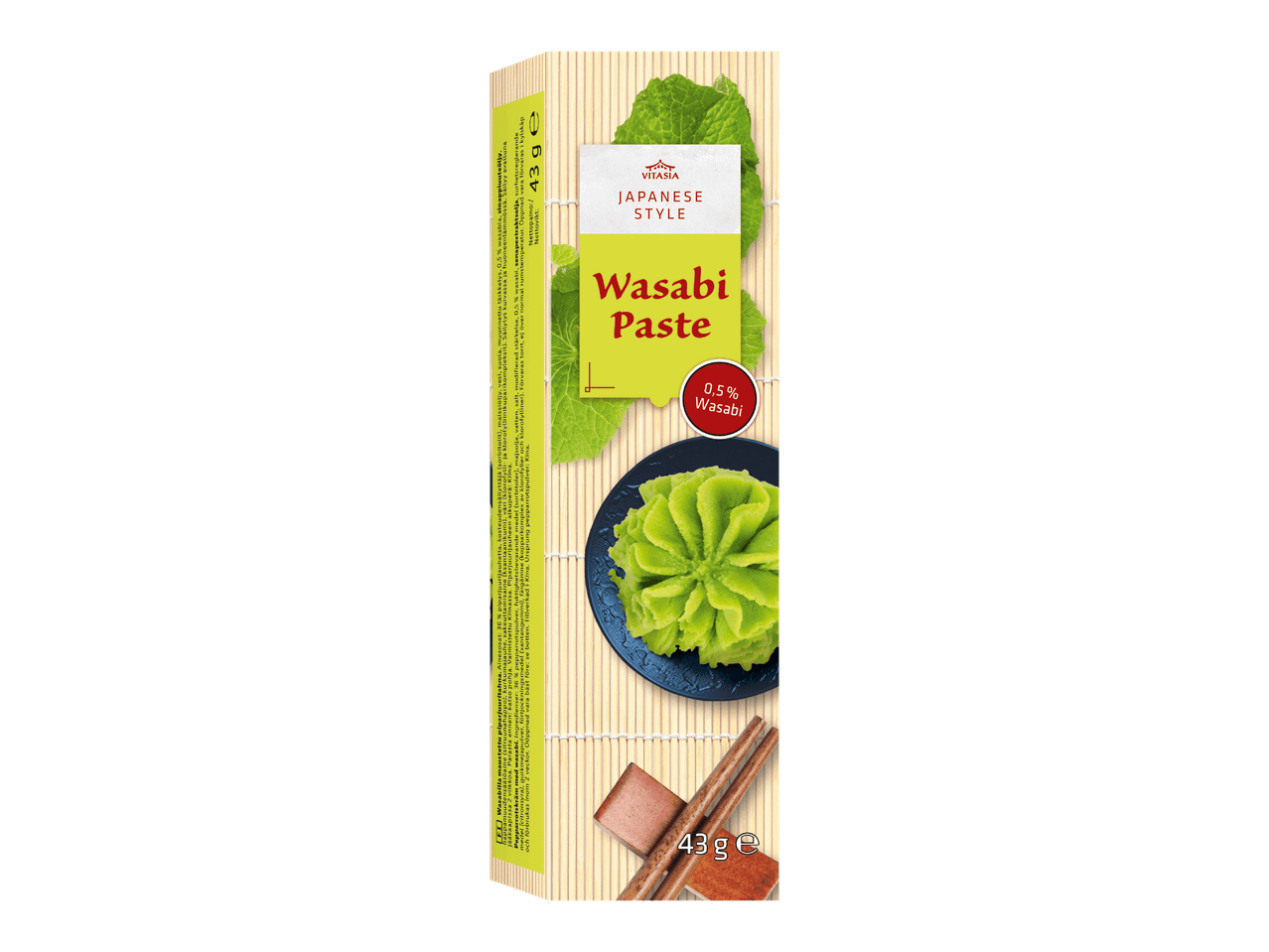 Vitasia Wasabi Paste -pakkaus, jossa on 0,5 % wasabia ja 43 g paino.