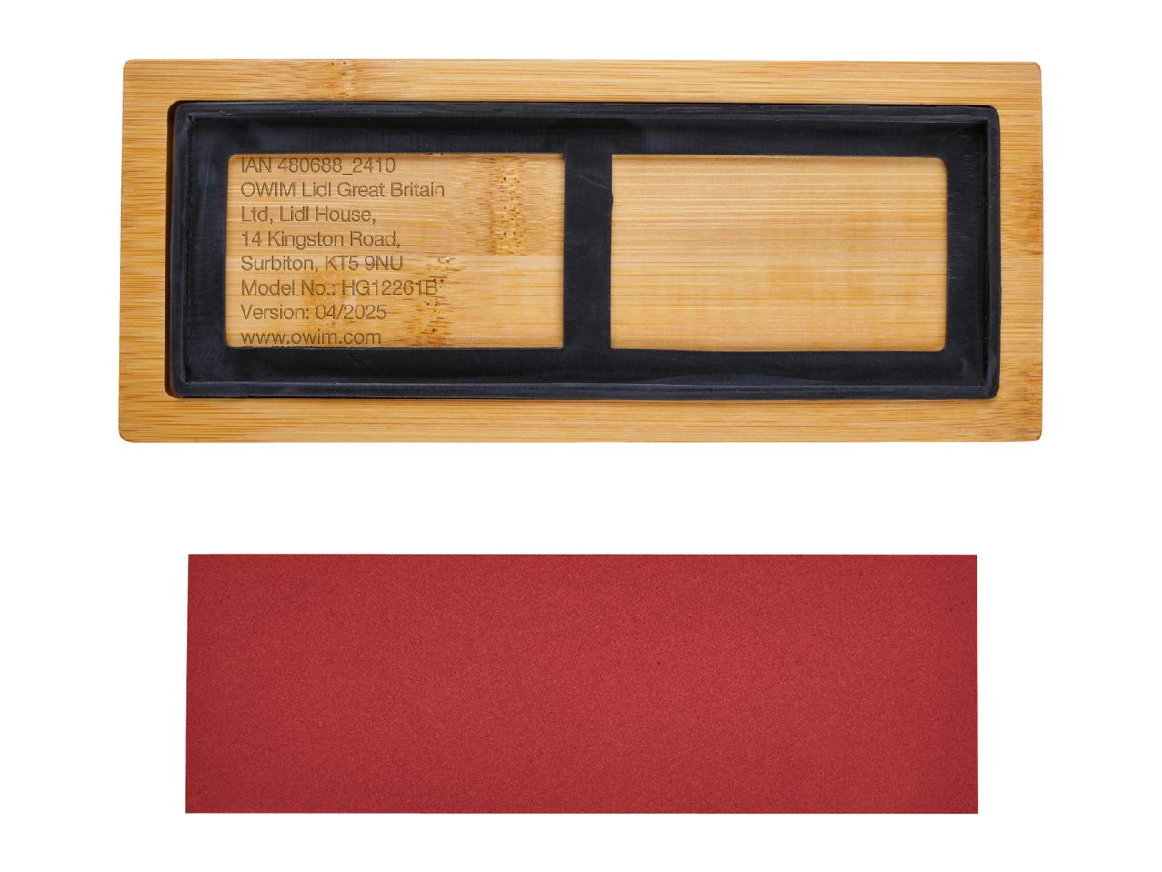 Bamboo tray with product information and a separate red felt pad.