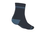Dark blue sock with two light blue stripes and light blue heel and toe.