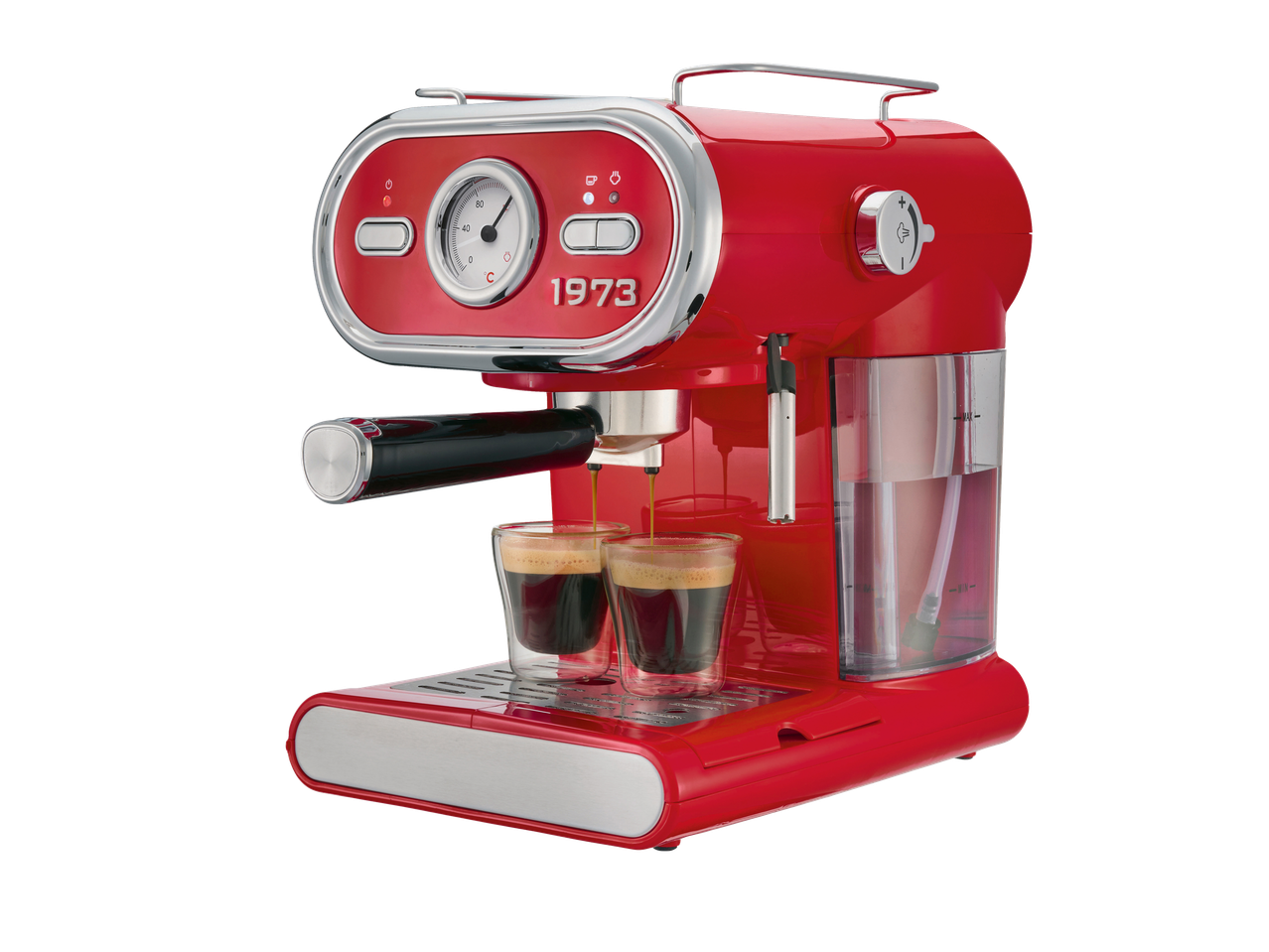 Red SILVERCREST® espresso machine brewing coffee into two glasses.