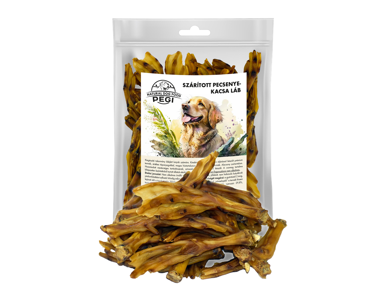 Szárított kacsatalpak kutyáknak, átlátszó csomagolásban, egy golden retriever képével.