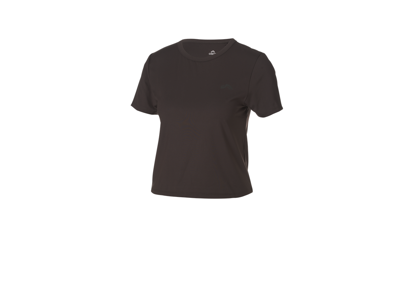 Dark brown short-sleeved t-shirt with a subtle logo on the chest.