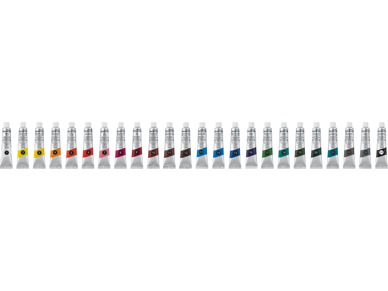 Crelando akvarelės dažų tūbelės 24 skirtingų spalvų, sunumeruotos nuo 1 iki 24.