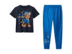 Ein dunkelblaues T-Shirt und eine blaue Hose mit Paw Patrol-Motiven.