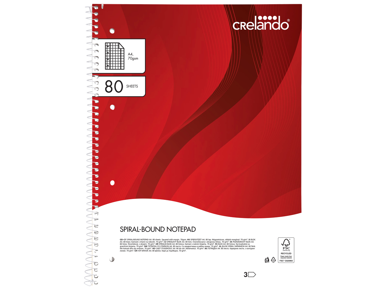 Un bloc-notes à spirale rouge au format A4, 80 feuilles, 70 g/m², avec des lignes quadrillées.