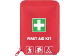 Red first aid kit with a white cross on a green square, and icons for hiking, cycling, and camping.