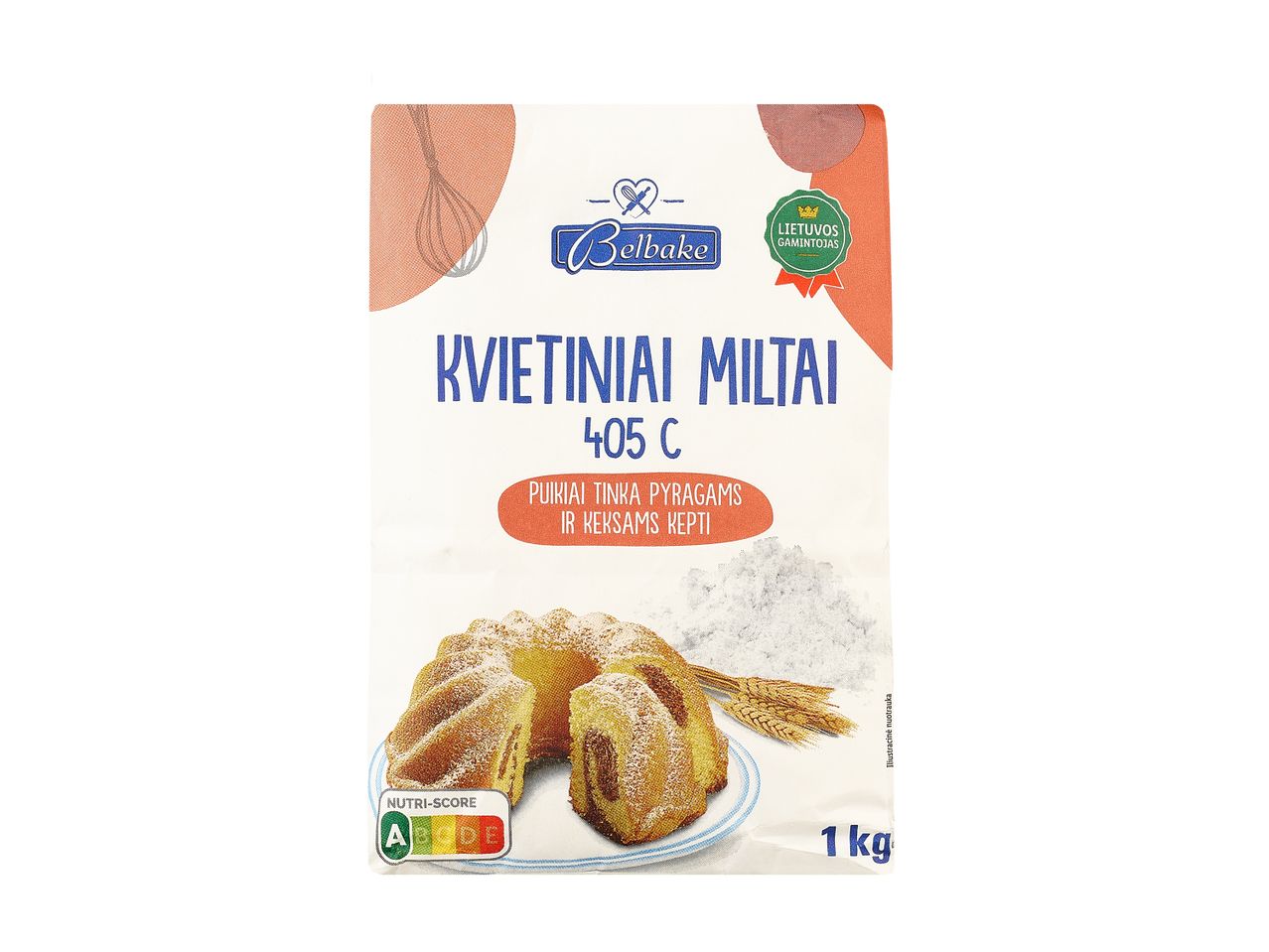 1 kg Belbake 405C kvietinių miltų pakuotė, tinkama pyragams ir keksiukams kepti.