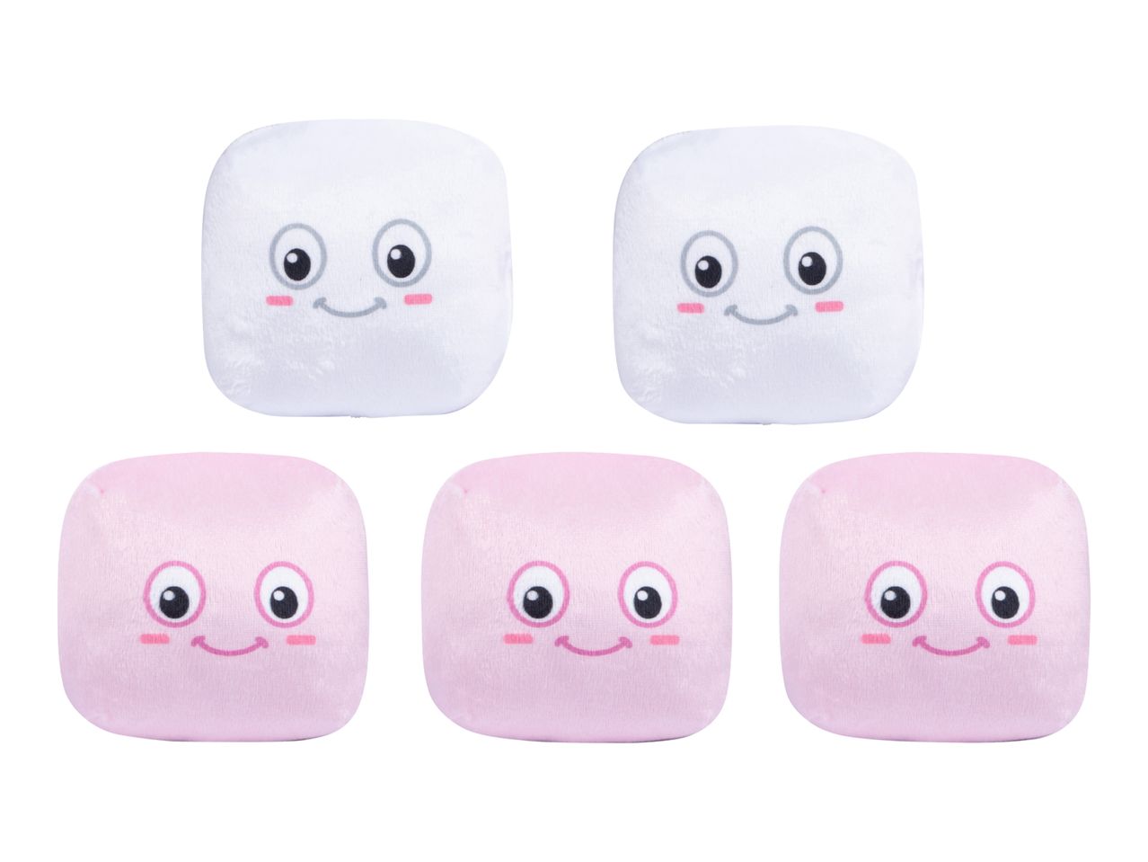 Five square plush toys with smiling faces, two white and three pink.