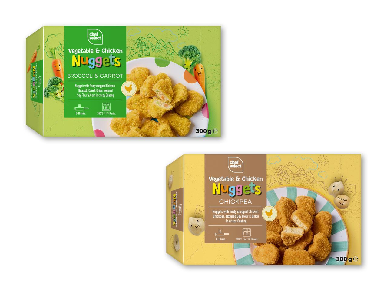To pakker Chef Select grøntsags- og kyllingenuggets, en med broccoli og gulerod, den anden med kikærter.