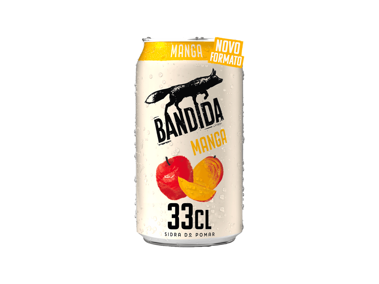 Lata de sidra de maçã e manga de 33cl, com um rótulo branco e amarelo e um novo formato.