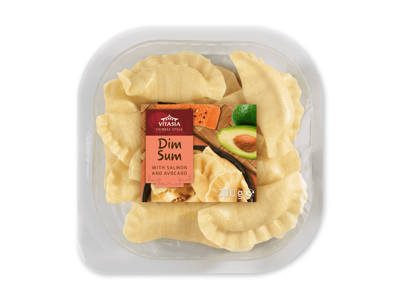 Dim sum med laks og avocado i en gennemsigtig bakke, 200 g.