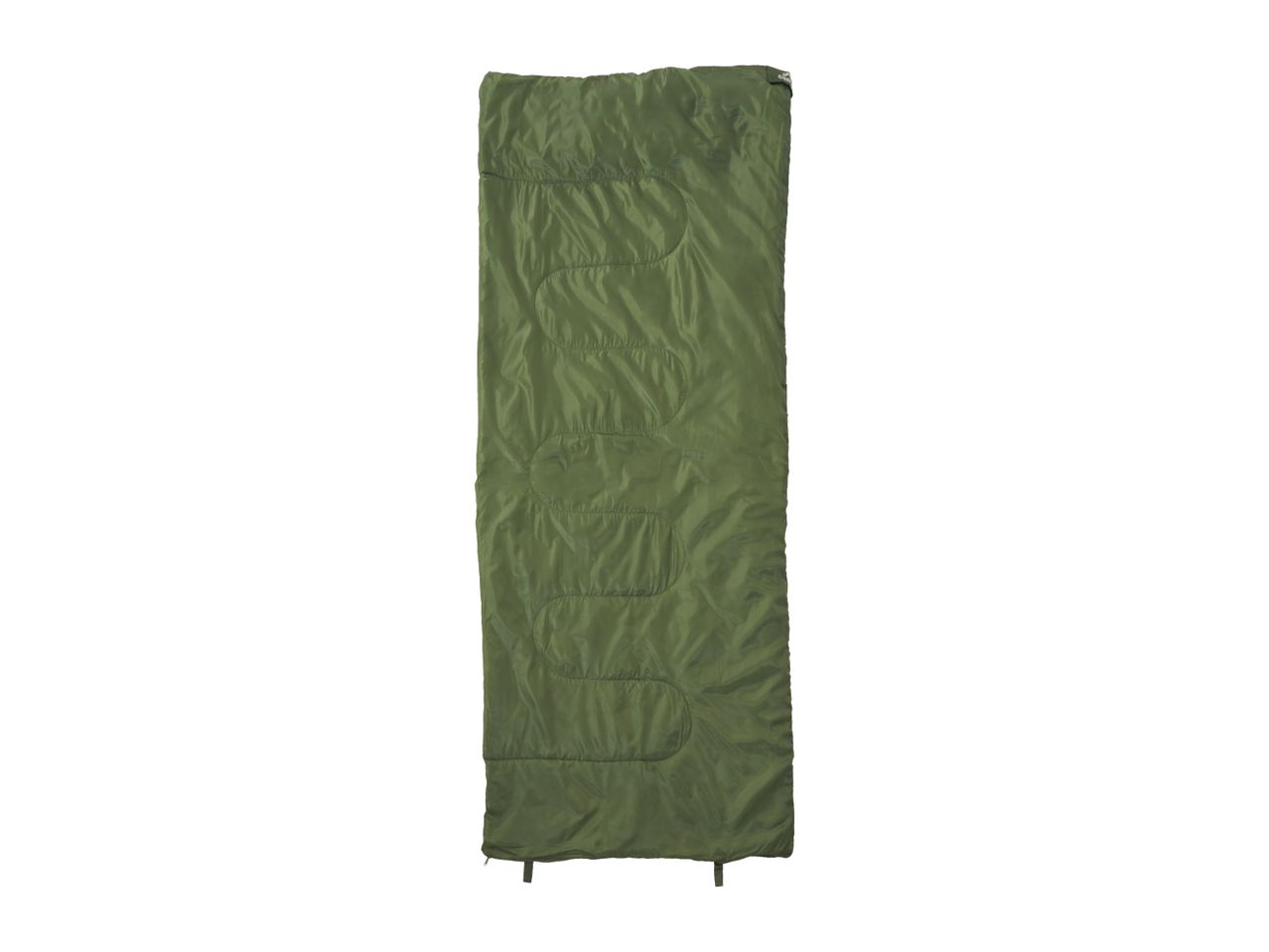 Green sleeping bag with a quilted design, isolated on a white background.