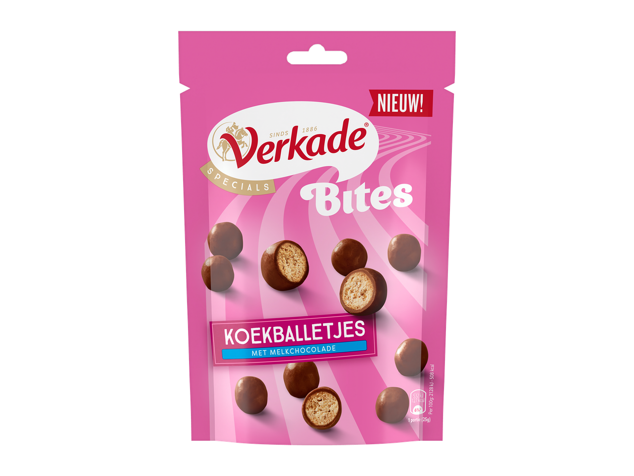 Roze verpakking met chocoladekoekjes, waarvan sommige doormidden zijn gesneden.