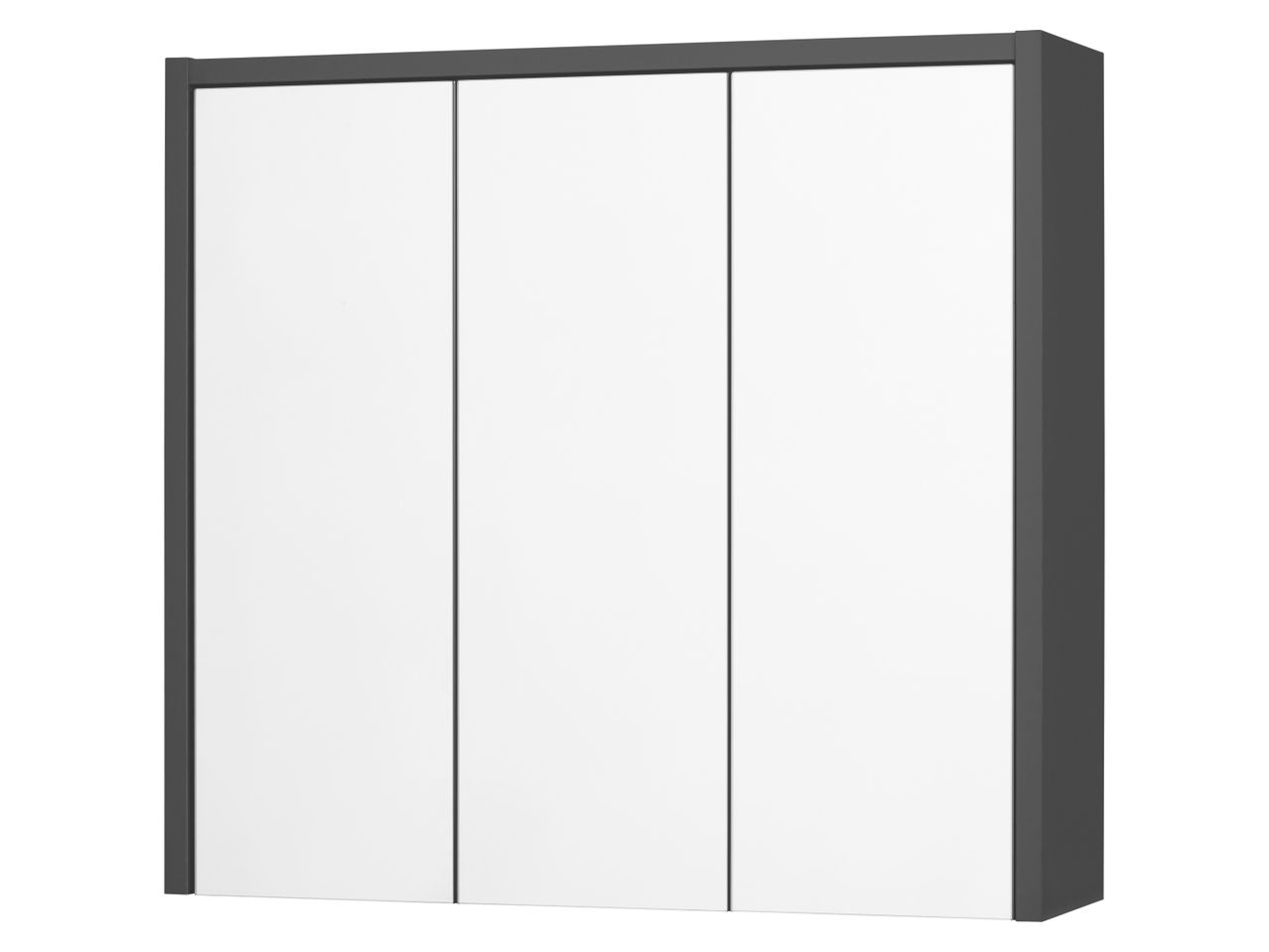 A modern three-panel sliding door wardrobe with a dark gray frame and white doors.