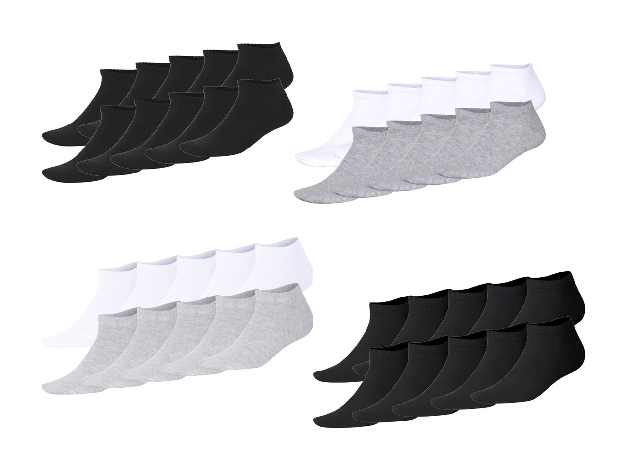 Sortiment an kurzen Socken in Schwarz, Weiß und Grau.
