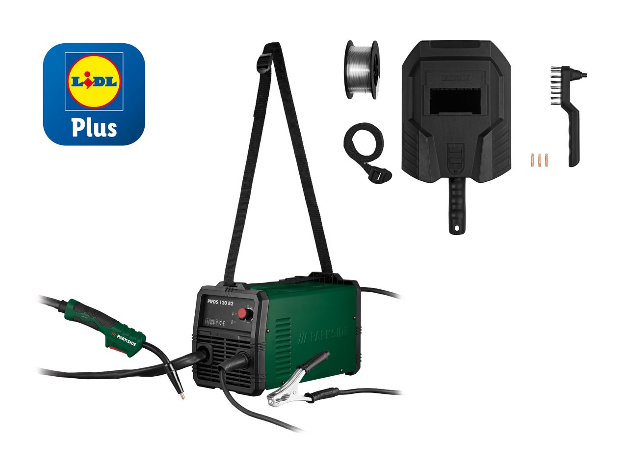 Lidl Parkside Schweißgerät mit Maske, Kabeln und Zubehör.