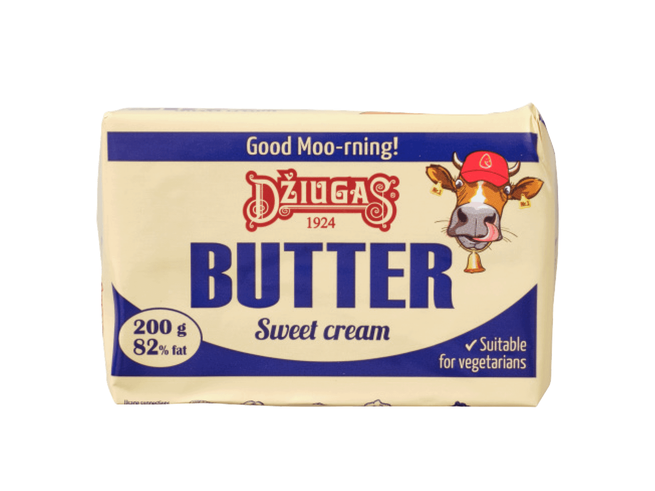 DŽIUGAS sviests ar 82% tauku saturu, 200g iepakojumā, piemērots veģetāriešiem.