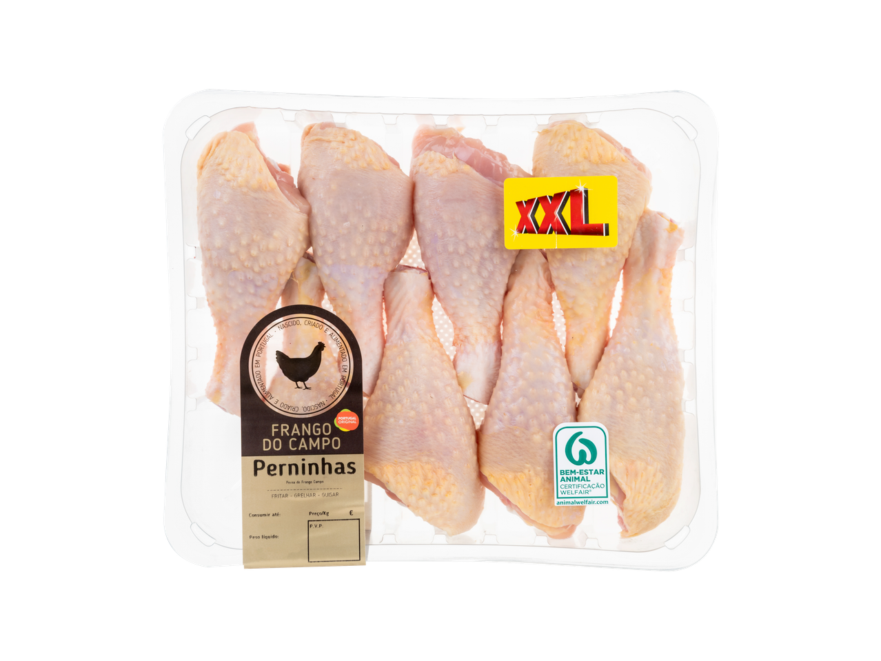 Perninhas de frango do campo XXL num tabuleiro transparente, com rótulos de origem e bem-estar.
