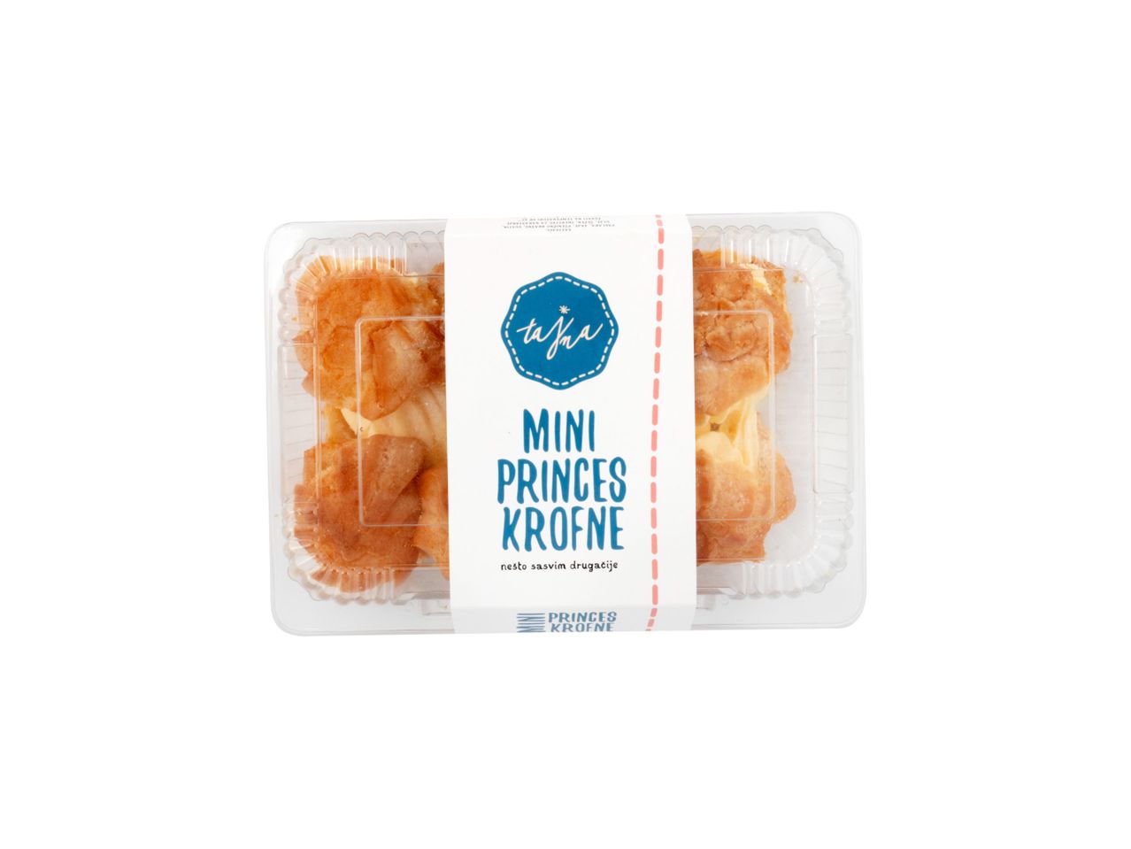 Pakovanje mini princes krofni sa natpisom „Taja Mini Princes Krofne“.