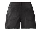 Black denim shorts with frayed hem and back pockets, viewed from the back.