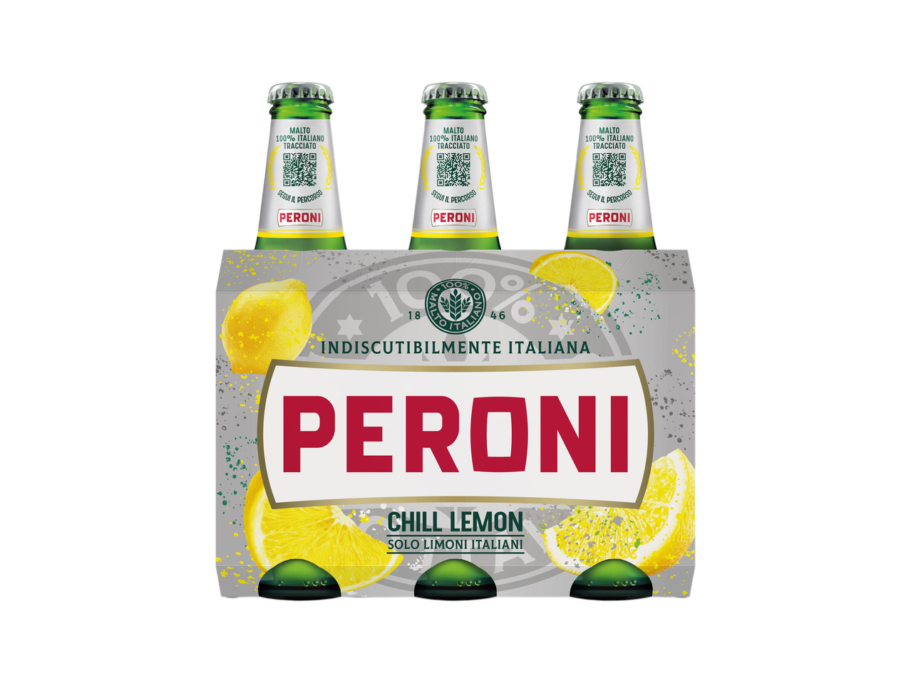 Confezione da sei bottiglie di Peroni Chill Lemon con limoni e testo 