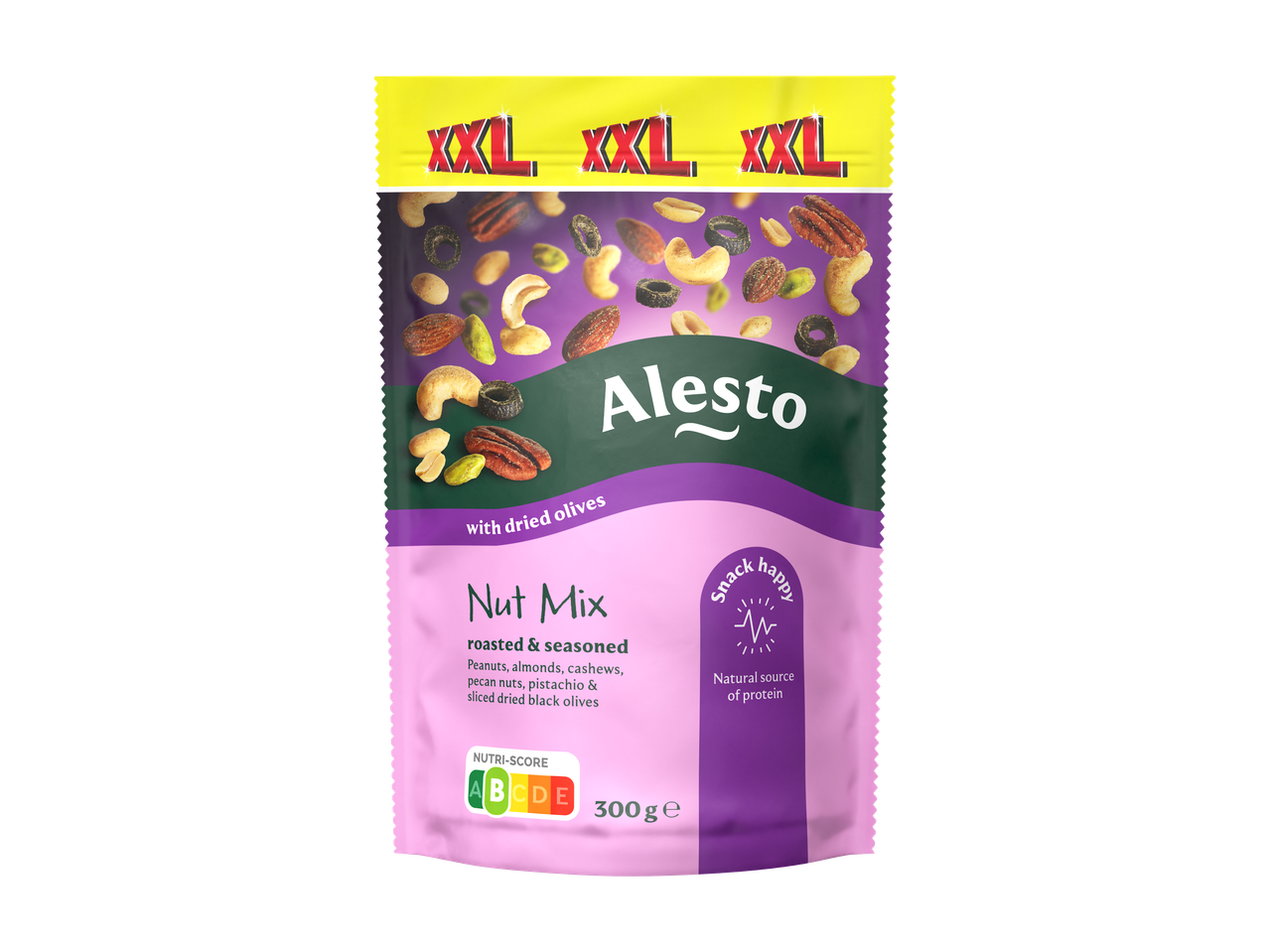 ALESTO Notenmix XXL met geroosterde & gekruide pinda's, amandelen, cashewnoten, pecannoten, pistachenoten & gesneden gedroogde zwarte olijven.