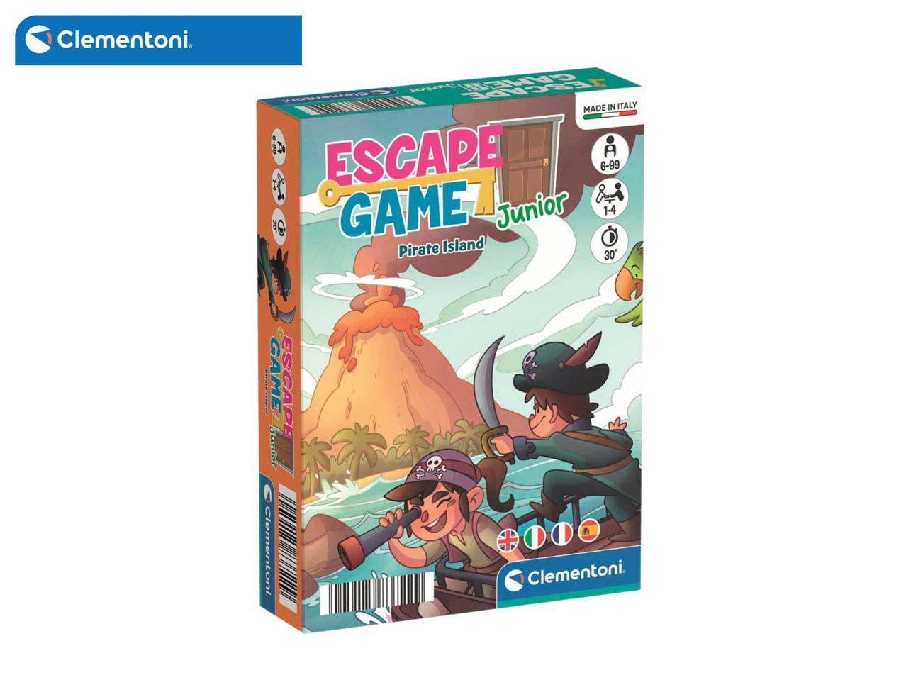 Escape Game Junior: Pirate Island board game box with two pirate children and a volcano.