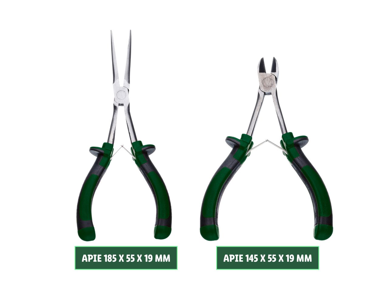 Dvi rūšių replės su žaliais rankenais, APIE 185 x 55 x 19 mm ir APIE 145 x 55 x 19 mm.