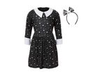 Black dress with white collar and cuffs, featuring skull and spiderweb patterns, with a matching headband.