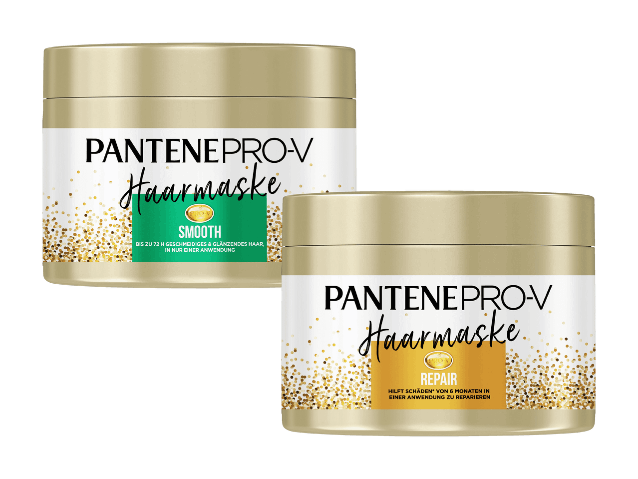 Zwei Pantene Pro-V Haarkuren: eine grüne und eine goldene.