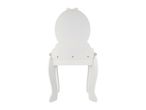 White wooden chair with a rounded backrest and curved legs, seen from the back.
