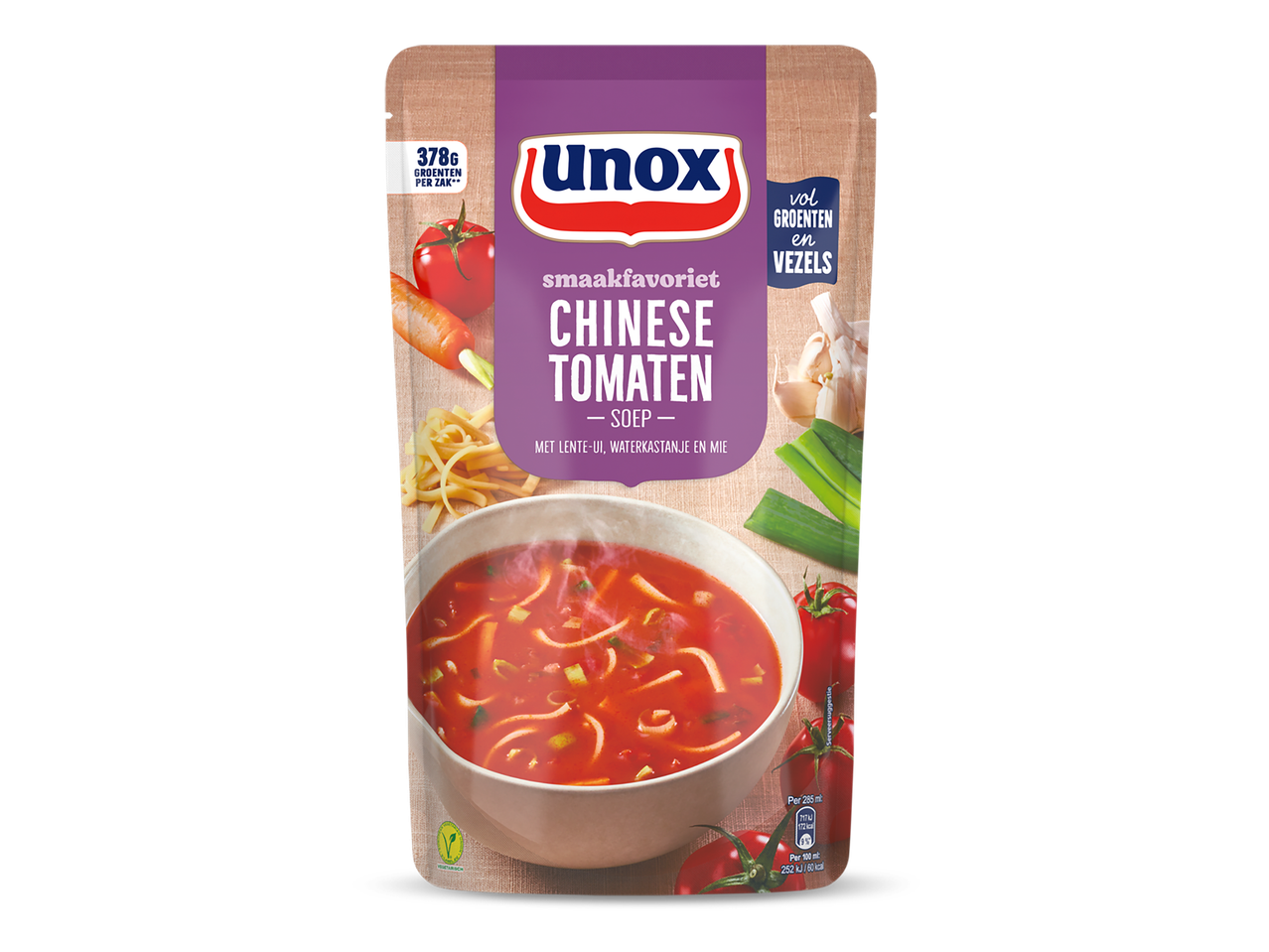 Een zak Chinese tomatensoep met lente-ui, waterkastanje en mie, met 378g groenten en vezels.
