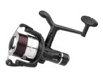 Black fishing reel with brown line, featuring a chrome spool and ergonomic handle.